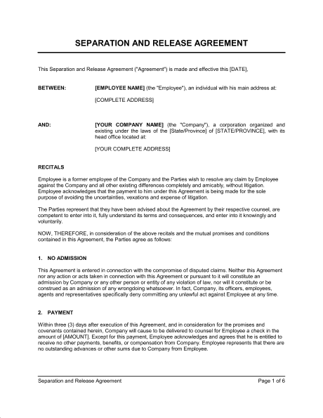 Separation Agreement Template 4974