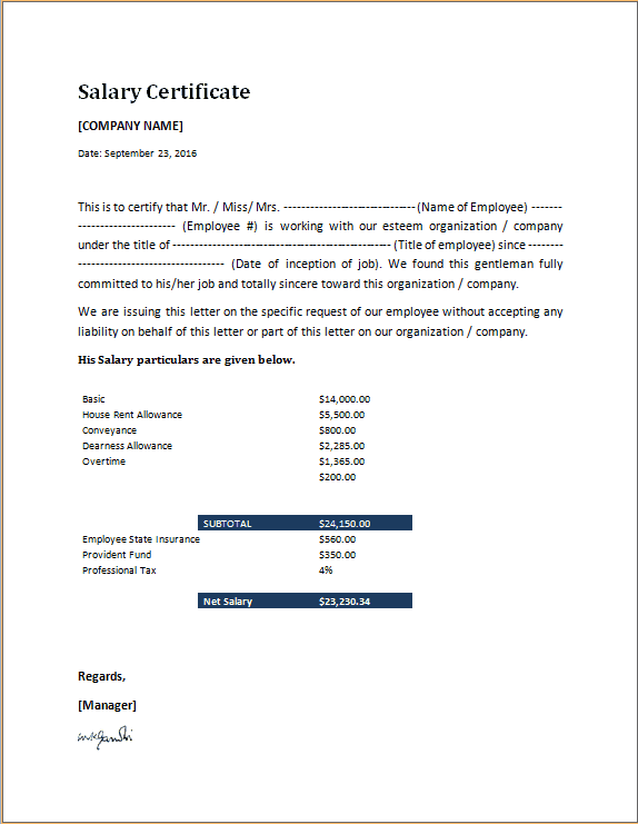 11+ Free Salary Certificate Templates Word Excel Templates