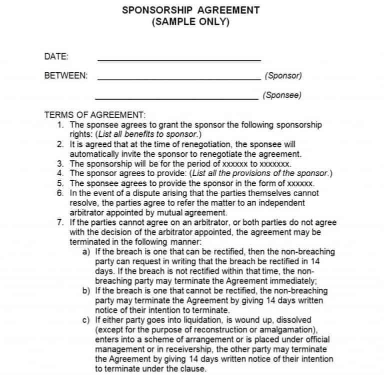 12+ FREE Sample Sponsorship Agreement Templates [PDF, WORD] Word